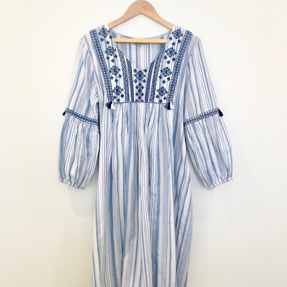 blue and white bohemian dress